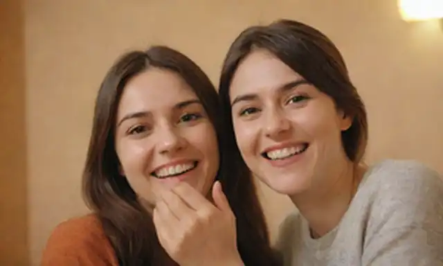 Dos personas sonriendo cálidamente, manos tocando, fondo borroso, colores cálidos, iluminación suave, enfoque suave en sus caras, ambiente sereno