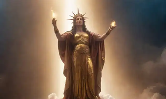 Una figura majestuosa con presencia divina, sentada en un pedestal parecido a la nube, rodeada de rayos de luz, agarrando un cetro o personal, con brazos extendidos que abrazan el universo, usando un aura radiante, con ojos mirando hacia el infinito, transportando omnisciencia y omnipotencia