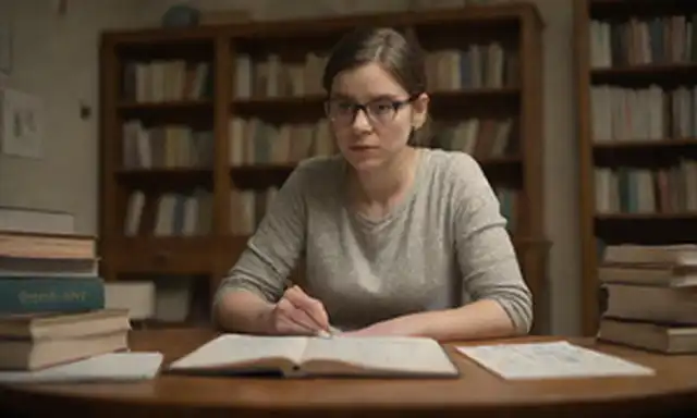 Una persona sentada en un ambiente tranquilo, rodeada de libros, papeles y suministros de arte; sosteniendo un cuaderno de bocetos y lápiz; mirando reflexiva, introspectiva, con un toque de curiosidad