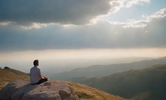 Una figura humana sentada en un acantilado con vistas a un vasto paisaje con nubes y rayos del sol, rodeada de colores sutiles que se mezclan entre sí, transmitiendo emociones a través de curvas suaves, con un sentido de profundidad y perspectiva, invitando a la contemplación, con un enfoque suave para difuminar las líneas entre la realidad y la subjetividad