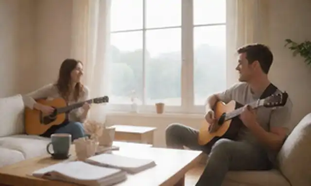 Un luminoso y aireado salón con una pareja sonriente, soleada ventana, flores florecientes, libro abierto, taza de vapor de café, y un suave icono de nota de música en una guitarra