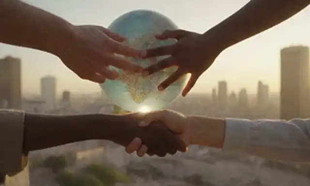 Reloj 24 horas, globo, gente de diferentes culturas y grupos de edad, hilos o líneas interconectados, sol que se levanta y se pone en el fondo, manos temblando manos, un paisaje urbano sutil o paisaje, diversas zonas horarias marcadas en el mapa, un sentido de armonía y coordinación