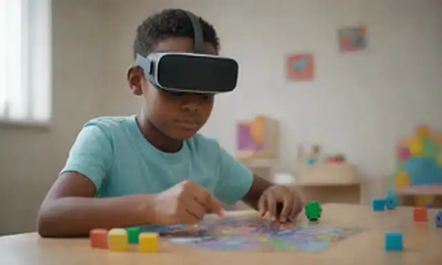 piezas de rompecabezas 3D, bloques coloridos, robots de aprendizaje, libros para niños, estudiantes guías de maestros, un terapeuta jugando con juguetes, un cerebro con caminos que conectan puntos, un momento de farol, una persona que interactúa con un auricular de realidad virtual, un niño señalando una imagen en una tableta