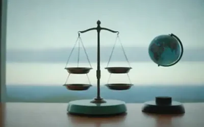 Un paisaje tranquilo y sereno con una escala de equilibrio en el centro
