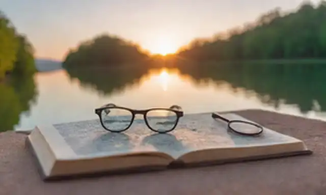 3D piezas de rompecabezas que encajan junto con un fondo de agua tranquila, un suave amanecer o atardecer, un par de gafas con una lente de aumento, un libro con un marcador, un camino a través de un bosque con una sola piedra paso, una mano sosteniendo una brújula, un pequeño barco flotando en el océano