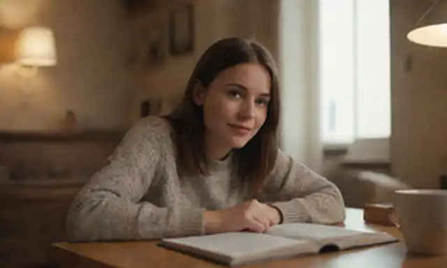 Una persona sentada en una habitación acogedora con libros y papeles alrededor de ellos, una taza de café sobre la mesa, una expresión curiosa en su cara, manos apretadas pensando profundamente, rodeada de luz suave, con una sonrisa sutil y ojos suaves