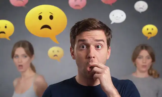 cara de estilo de dibujos animados 3D con la mano sobre la boca en shock, burbuja de pensamiento con un emoji confuso, globos de habla llenos de expresiones desconcertadas, cables de Internet dispersa y pantallas en el fondo, giradores de humo digital, y una representación abstracta de una onda de sonido Pff