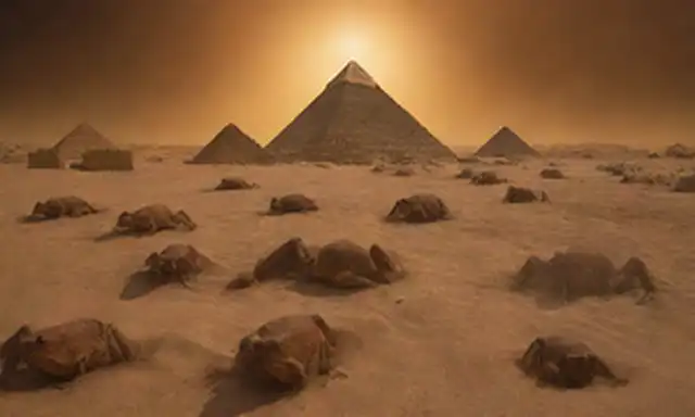 10 plagas de Egipto representadas como una secuencia de ilustraciones; arbusto ardiente, ranas, piojos, bestias salvajes, murrain, calderas, granizo, langostas, oscuridad y sangre; cada plaga con su propia representación visual única; antiguo entorno egipcio con pirámides y templos en el fondo; efectos dramáticos de iluminación para transmitir un sentido de asombro y maravilla