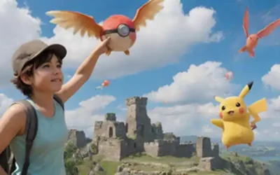 Una ilustración caricmática y caprichosa con un joven entrenador que sostiene un Poké Ball