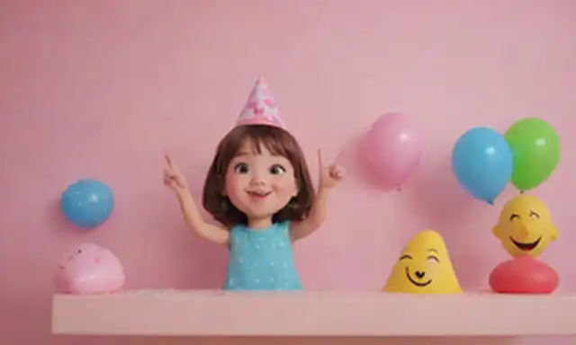 caras de dibujos animados 3D, sonriendo, frunciendo el ceño, saludando, soplando un beso, haciendo un letrero de paz, pulgares hacia arriba, alto-cinco, riendo, llorando lágrimas de alegría, guiñando, pegando lengua, confundido, molesto, sorprendido, excitado, feliz velas de cumpleaños, gorras de fiesta, confeti, globos, emojis en un estante, fondo colorido, ilustración