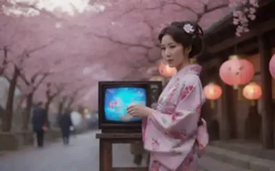 escena callejera japonesa de estilo 1920 con un equipo de televisión vintage o radiodifusión
