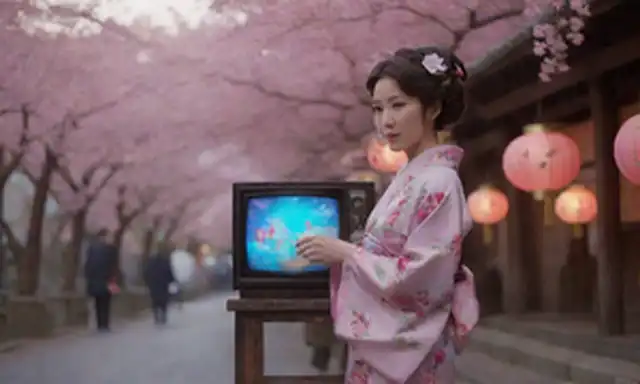 escena callejera japonesa de estilo 1920 con un equipo de televisión vintage o radiodifusión