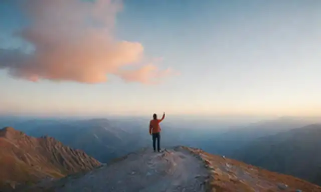 Una persona de pie en un pico de montaña con una mano levantada