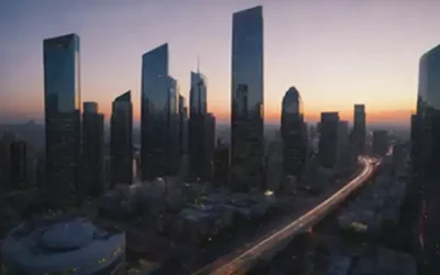 Un paisaje urbano brillante y moderno al amanecer