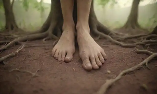 Representación 3D de pies interconectados, terreno terrenal, raíces de árboles, vides de viento, y una bruma sutil, con colores cálidos para un sentido de tierra