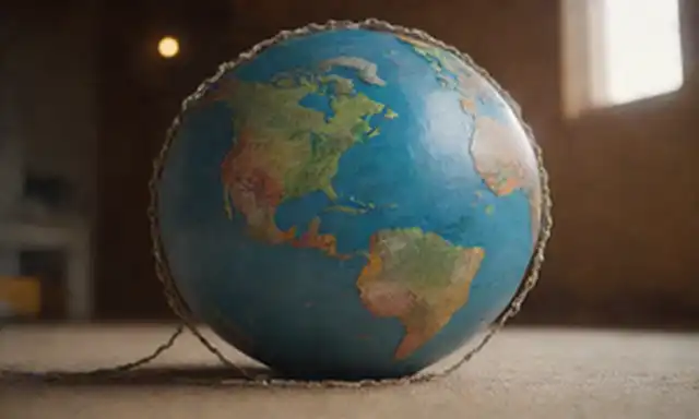 Globo de tierra 3D con pies conectados por cuerda o cadena, rodeado de fórmulas químicas y código de programación, sutiles toques de iconos de codificación o moléculas, colores cálidos para un sentido de conexión y fusión, formas geométricas mezclando en armonía