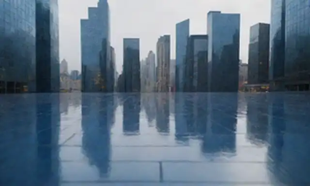 Edificios 3D con alturas, formas y colores variados; líneas onduladas que cruzan un paisaje urbano; piezas de rompecabezas en diferentes texturas; formas abstractas en tonos azules; formas geométricas que reflejan superficies espejo,; patrones contrastantes tejidos juntos como una alfombra,; bordes jagged cortando a través de curvas lisas