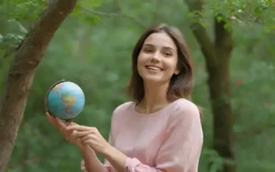 Una mujer sonriente sentada en una rama del árbol