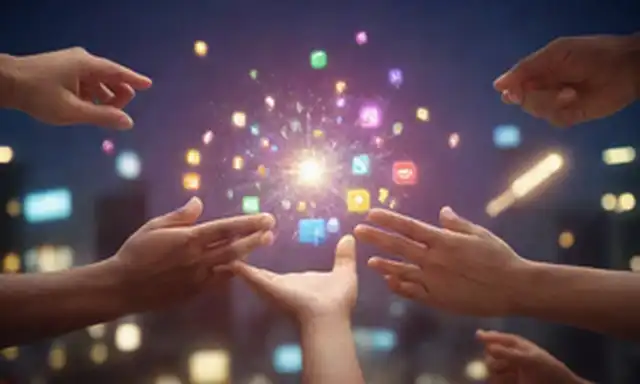 ilustración 3D de gente diversa, temblor de manos, ideas bubbling up, iconos de redes sociales girando, paisaje urbano en el fondo, luces y colores que representan unidad y colaboración