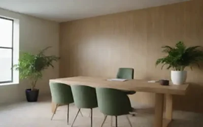 Un espacio de oficina minimalista con un amplio escritorio de madera