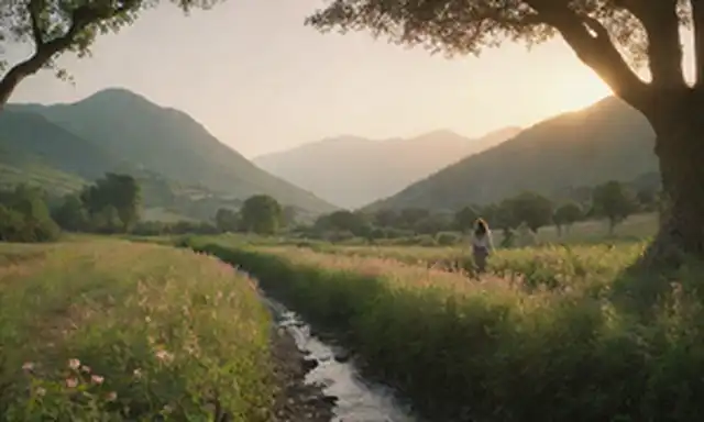 Un paisaje sereno con un sol que se eleva sobre las montañas, la gente a la distancia caminando hacia el otro, entrelazadas vides y flores, una suave corriente que fluye a través de la escena, colores suaves mezclando entre sí