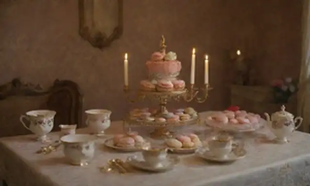 Entorno de inspiración francesa del siglo XVIII, mesa de madera ornamentada, candeleros dorados, delicadas tazas de porcelana, canasta desbordante, decoraciones de azúcar intrincadas, macarons coloridos, postre atado, elegante mantel de encaje, iluminación cálida, fondo aterciopelado