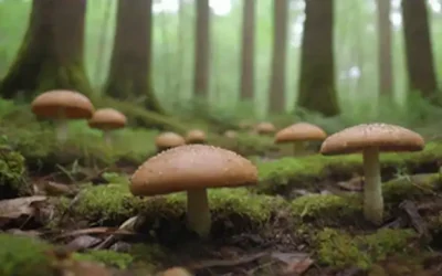 Setas que crecen en el suelo forestal