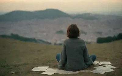 Una escena nostálgica con una persona sentada sola en una ladera