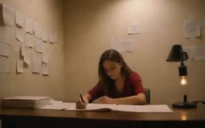 Una persona sentada en un escritorio con un libro abierto y un bolígrafo en la mano