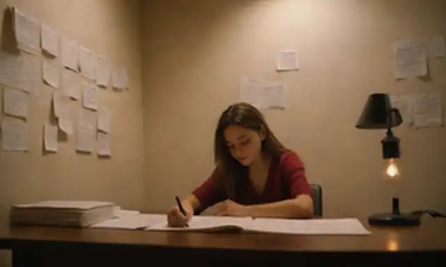 Una persona sentada en un escritorio con un libro abierto y un bolígrafo en la mano