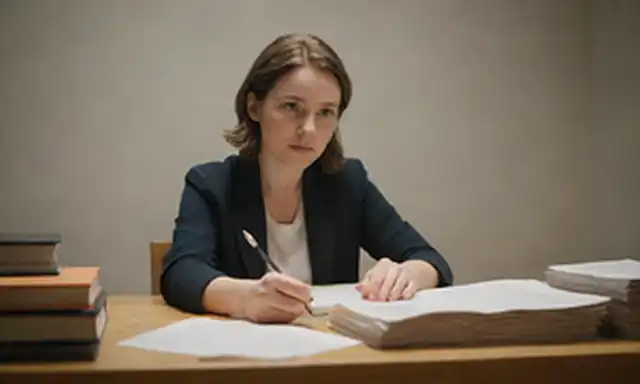Una persona sentada en un escritorio, rodeada de libros y papeles abiertos, sosteniendo un bolígrafo con una expresión reflexiva; una pila de papeles en blanco delante de ellos, con unas pocas notas y flechas que conectan ideas; un esbozo débil de una caja imaginaria o marco que se mueve sobre el escritorio, sugiriendo contención y estructura; rayos de luz sutil emanando de los ojos de las personas, indicando penetración y creatividad