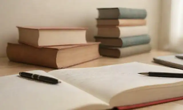 Un escritorio de escritores con una pluma de fuente, cuaderno y papeles en movimiento, rodeado de libros dispersos y caos creativo; Un fondo blanco minimalista con sutil sombra para sugerir movimiento; Un esbozo débil de una figura humana en la distancia, sugiriendo un artista en el trabajo; Luz suave con tonos cálidos para evocar un sentido de intimidad y creatividad;