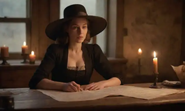 Ilustración inspirada en el siglo XVIII con una mujer sentada en un escritorio de madera