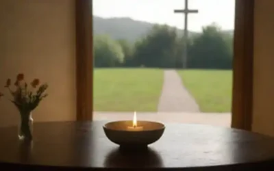 Un paisaje sereno con una silueta cruzada de Jesucristo en el fondo