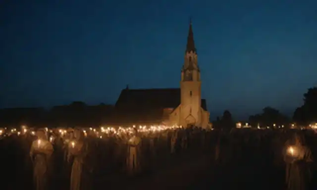 Una escena nocturna serena con una procesión de personas en ropa tradicional caminando hacia la izquierda, velas encendidas y sostenidas, sombras arrojadas sobre el suelo, una iglesia distante empinada visible en el fondo, iluminación atmosférica con tonos de azul y oro, figuras de santos o caracteres bíblicos subtly incorporados en el diseño