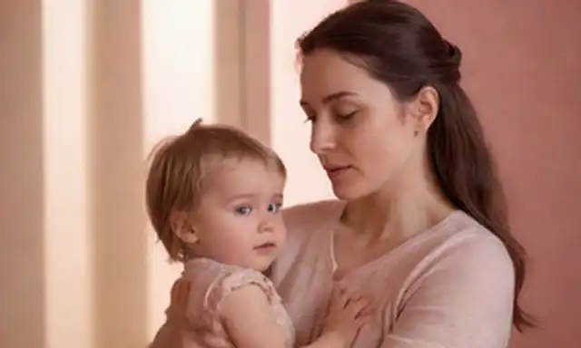 Una mujer gentil que sostiene a un niño cerca de su corazón, rodeado de sombras sutiles e iluminación suave, con un toque de tonalidades rojas o rosas en el fondo, transmitiendo un sentido de calidez y protección, pero también vulnerabilidad, con un esbozo débil de una puerta o ventana que sugiere un deseo de escape, y unas flores o hojas delicadas dispersas, simbolizando esperanza y resiliencia