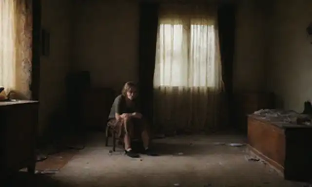 una mujer angustiada, un cuarto oscuro con sombras, muebles rotos, cortinas rotas, fotografías dispersas, un sentido del caos y el tumulto
