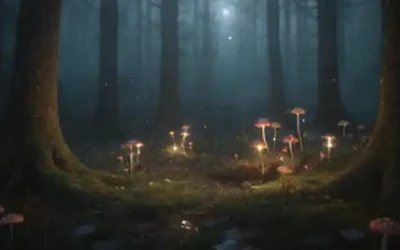 ilustración 3D de un fantástico bosque con hongos brillantes