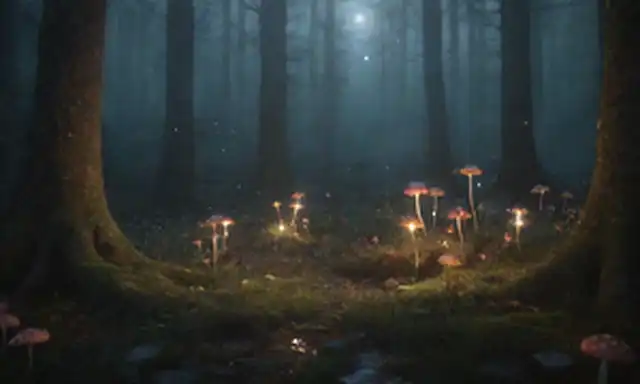 ilustración 3D de un fantástico bosque con hongos brillantes