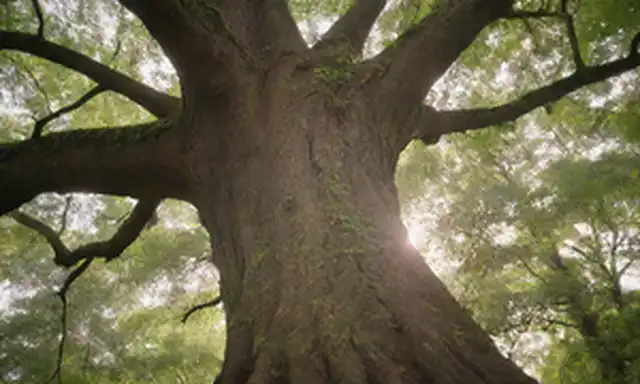 Un entorno natural sereno, tronco de árbol sereno, sombreada suave, ramas wispy, follaje exuberante, filtro de luz solar, foco suave