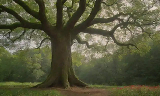 Una escena de bosque sereno con un gran árbol en el centro, sus ramas que se extienden para encontrar el cielo nublado, rodeado de exuberante vegetación y flores vibrantes, una persona que se inclina contra el tronco, y la luz solar descamada filtrando a través de hojas