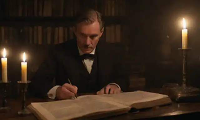 Detective caballero del siglo XVIII rodeado de velas, libros y objetos misteriosos; una lupa en la mano; un fondo sucio y lúcido; sutiles indicios de una investigación en progreso, como papeles esparcidos, notas crípticas o pedazos de tela rota