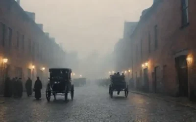 Paisaje europeo del siglo XIX con fábricas llenas de humo