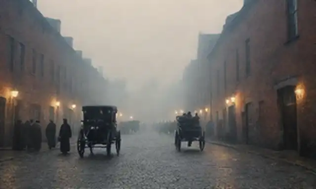 Paisaje europeo del siglo XIX con fábricas llenas de humo