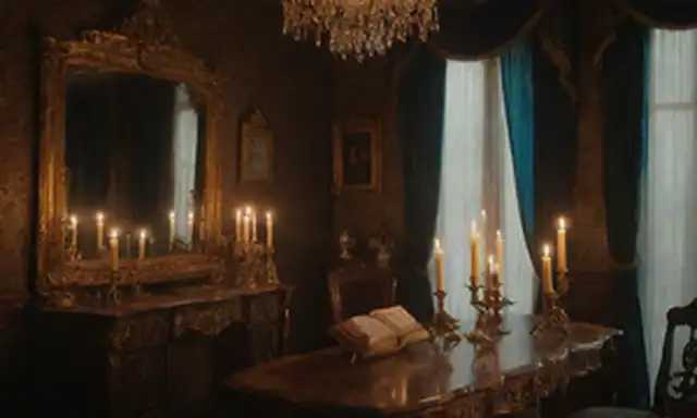 Arquitectura española del siglo XVIII, espejos ornamentales, muebles de madera tallada intrincada, cortinas de terciopelo, candelabras con velas iluminadas, un arpa inclinado contra una pared, un gradiente de fondo sutil de azul y oro, iluminación suave, tipografía elegante en objetos, columnas de libro en el fondo