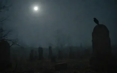 cementerio del siglo XIX con sombras de luz lunar sobre lápidas templadas