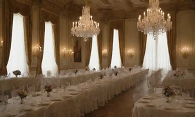 Sala de baile del palacio francés del siglo 18, candelabros ornamentales, elegantes candelabras, manteles de encaje blanco, delicadas tazas de porcelana y servilletas intrincadamente plegadas