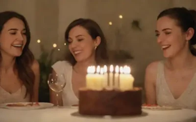 3 amigos riéndose de una mesa con copas de vino