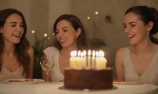 3 amigos riéndose de una mesa con copas de vino