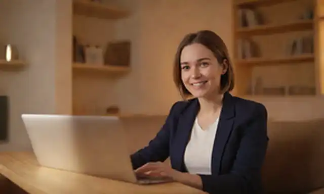 Una persona sentada en un sofá con un ordenador portátil y una estantería en el fondo, usando una expresión tranquila, con un toque de sonrisa, rodeada de iluminación cálida, con un efecto sutil gradiente, con un diseño interior minimalista, mostrando un sentido de coziness, simplicidad y acercamiento